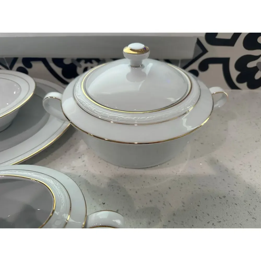 6 piece Noritake White Scapes Sugar/Creamer,Gravy Boat,Platter & Serving Bowl